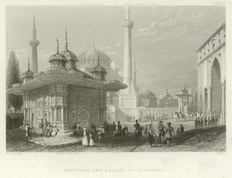 Szökőkút és a Szent Szófia tér, Konstantinápoly alkotó: William Henry Bartlett