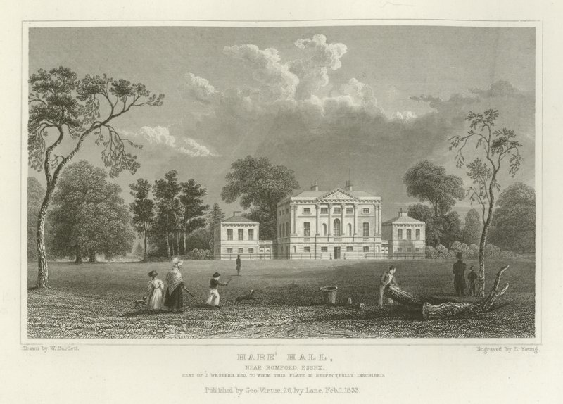 Hare Hall, Romford közelében, Essex államban, a J Western székhelye, Esquire alkotó: William Henry Bartlett
