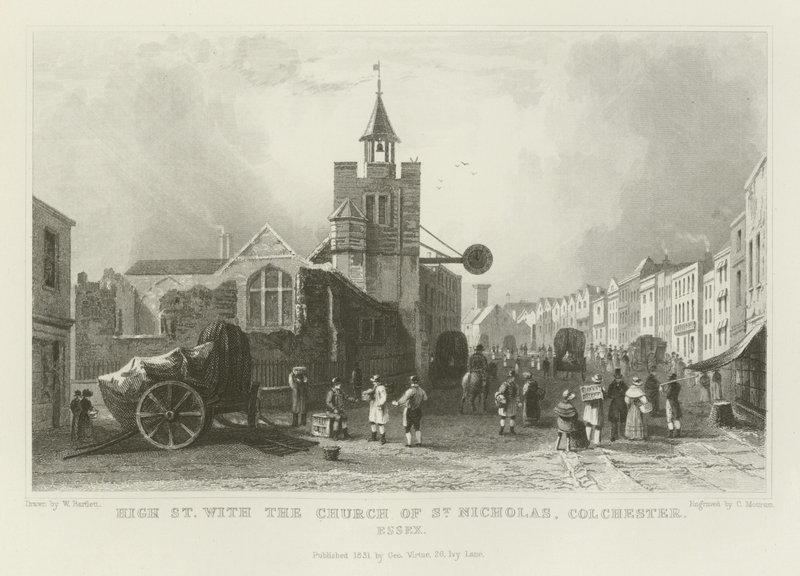 High Street és a Szent Miklós-templom, Colchester, Essex alkotó: William Henry Bartlett