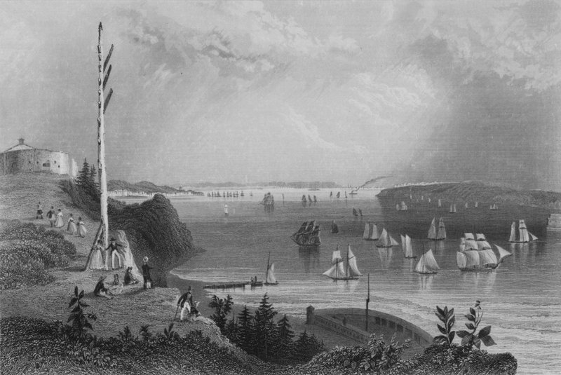 New York-öböl, a távíró állomásról (metszet) alkotó: William Henry Bartlett