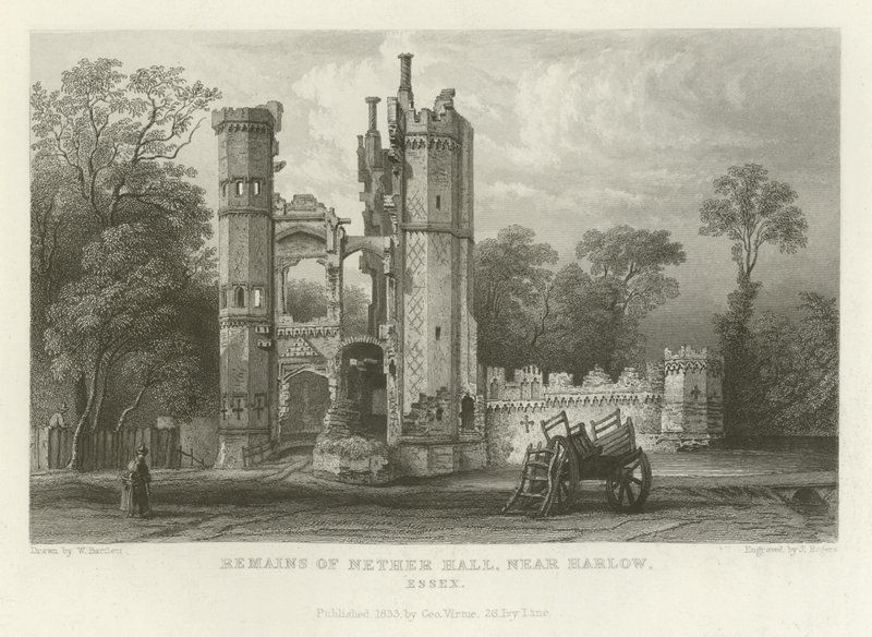 A Nether Hall maradványai Harlow közelében, Essexben alkotó: William Henry Bartlett