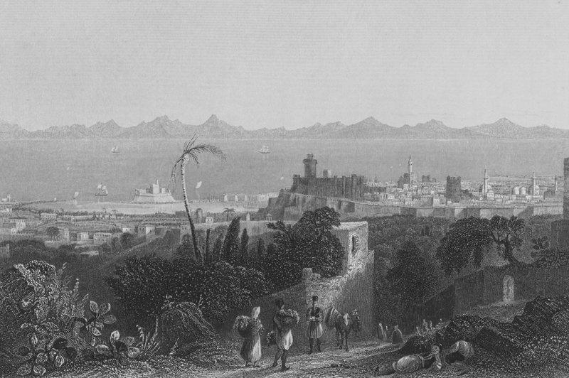 Rhodes, a magasból, Sir Sidney Smith villája közelében alkotó: William Henry Bartlett
