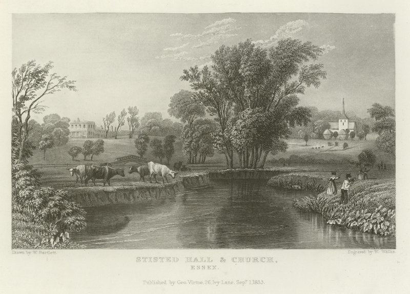 Stisted Hall és templom, Essex alkotó: William Henry Bartlett