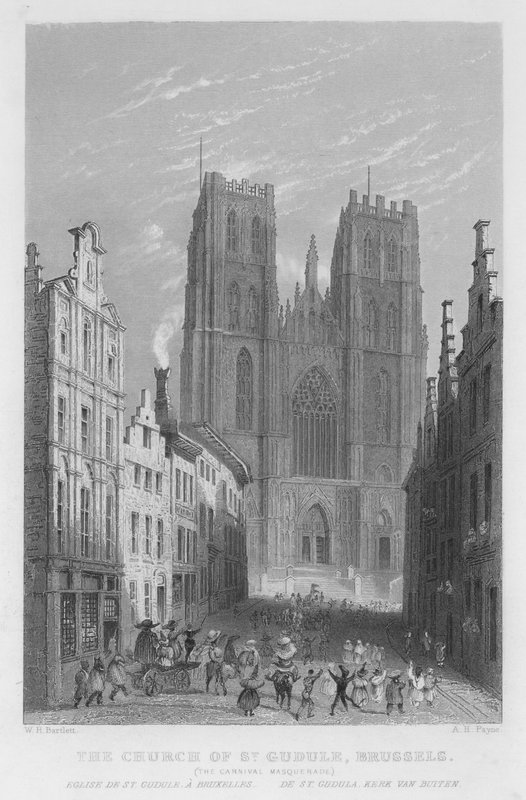 A Szent Gudule-templom, Brüsszel, A karneváli maskara (metszet) alkotó: William Henry Bartlett