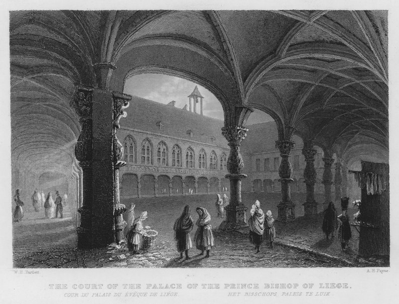 A Liege-i herceg püspök palotájának udvara (metszet) alkotó: William Henry Bartlett