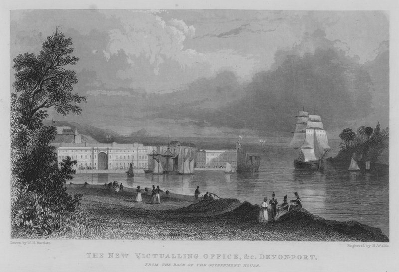 Az új élelmezési iroda stb., Devonport, a kormányház hátsó részéből (metszet) alkotó: William Henry Bartlett