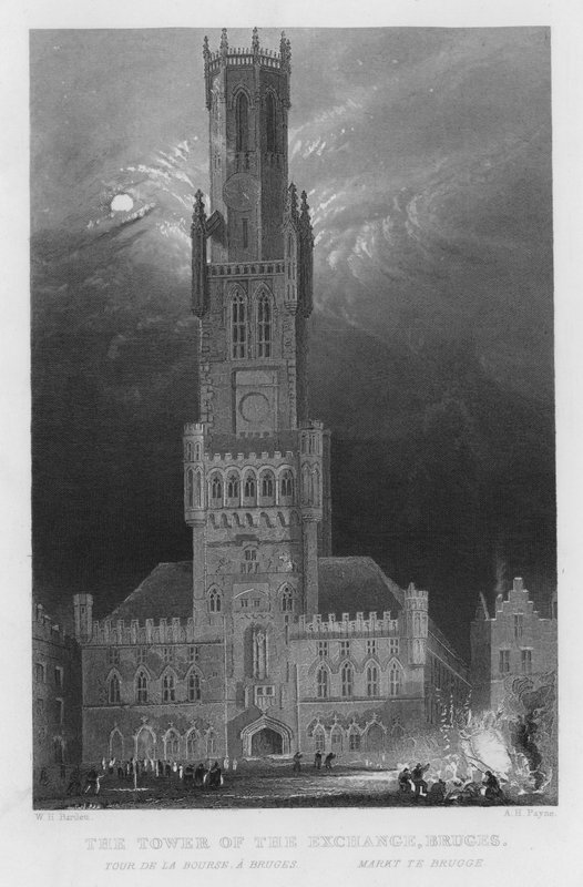 A Börze tornya, Bruges (metszet) alkotó: William Henry Bartlett