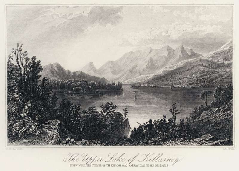 A Killarney Felső-tó, a Kenmare úton lévő alagút közelében, Carran Tual a távolban (metszet) alkotó: William Henry Bartlett