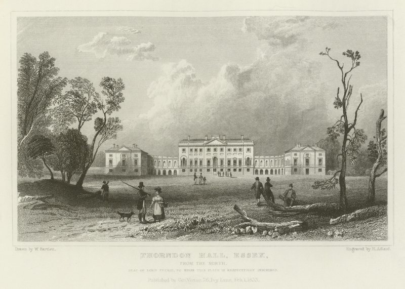 Thorndon Hall, Essex, északról, Lord Petrie székhelye alkotó: William Henry Bartlett