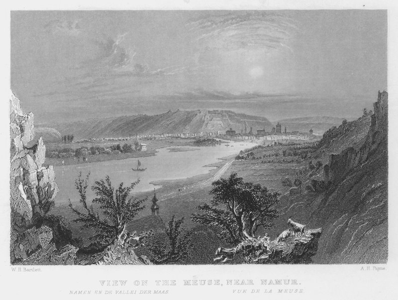 Kilátás a Meuse-re, Namur közelében (metszet) alkotó: William Henry Bartlett