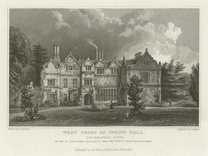 Spains Hall nyugati frontja, Finchingfield, Essex, John Ruggles Brice székhelye, Esquire alkotó: William Henry Bartlett