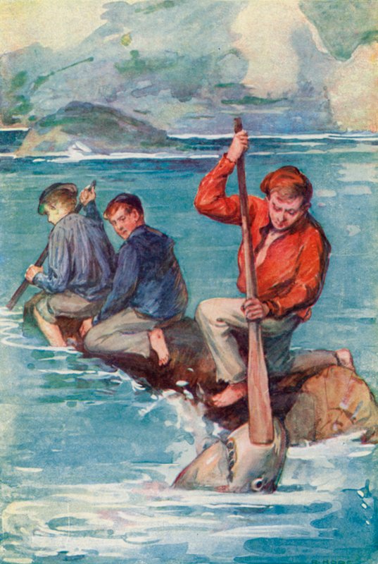 Jack azonnal beledugta az evezőt a szörnyeteg förtelmes állkapcsába, és lenyomta a torkán. alkotó: William Henry Charles Groome