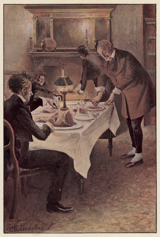 Traddles szeletekre vágja a birkahúst alkotó: William Henry Charles Groome