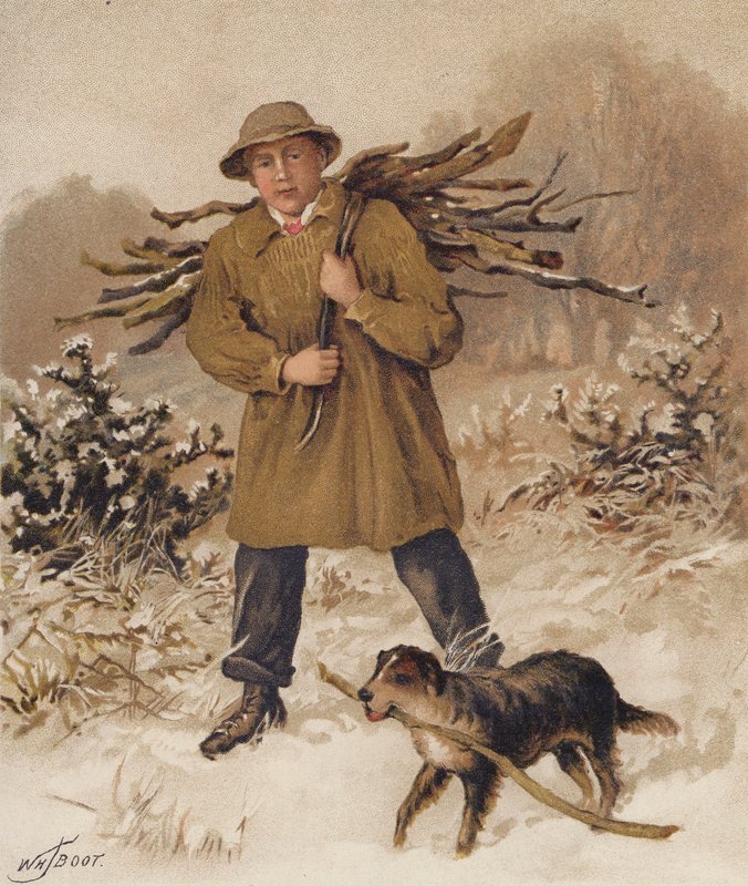 Férfi és kutya tűzifát gyűjt (chromolitho) alkotó: William Henry James (after) Boot