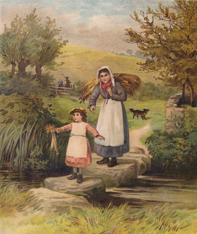 Nő és lány átkelés egy patakon lépcsőkön (kromolito) alkotó: William Henry James (after) Boot