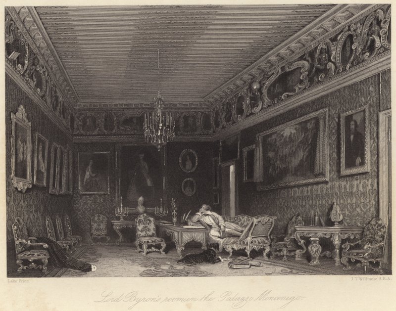 Lord Byron szobája a Palazzo Mocenigóban (metszet) alkotó: William Henry Lake Price