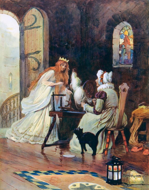 Felmászott a lépcsőn, és a tetején talált egy kis szobát, amelyben egy idős hölgy pörögve ült. alkotó: William Henry Margetson