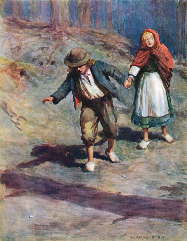 Könnyen hazataláltak, mert a hold fényesen rávilágított a Hansel által mellesleg ledobott kavicsokra. alkotó: William Henry Margetson