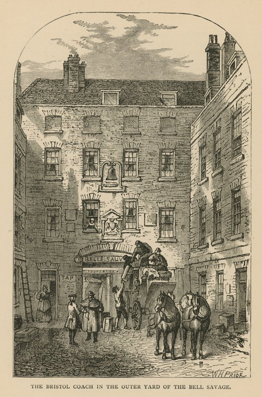 A Bristol Coach a The Bell Savage külső udvarán, Londonban alkotó: William Henry Prior