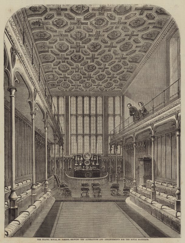 A királyi kápolna, St. Jamess, a királyi házasságkötéshez szükséges átalakítások és előkészületek bemutatása alkotó: William Henry Prior