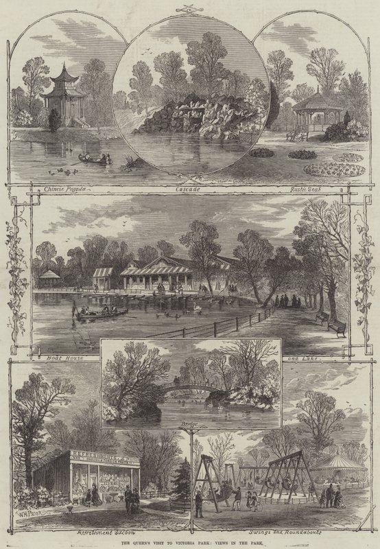 A királynő látogatása a Victoria Parkban, kilátás a parkban alkotó: William Henry Prior