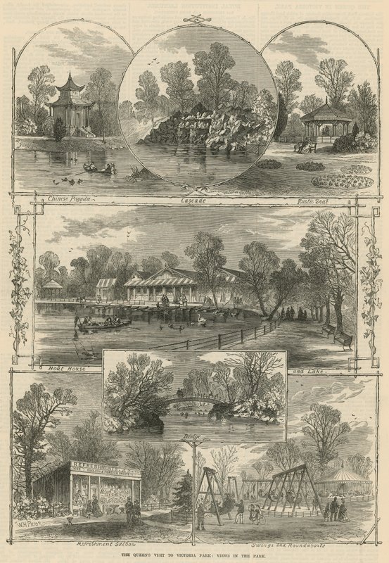 A királynő látogatása a Victoria Parkban: kilátás a parkban (metszet) alkotó: William Henry Prior