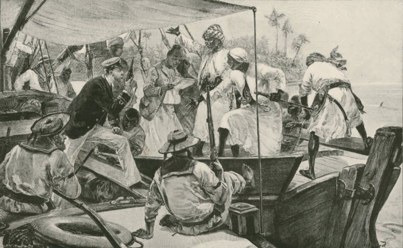 Egy brit haditengerészeti tiszt egy arab rabszolga dhow-t alakít át (litho) alkotó: William Heysham (after) Overend