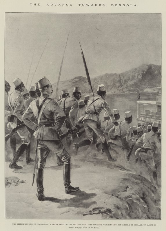 Előrenyomulás Dongola felé, a 11. szudanai ezred néger zászlóaljának parancsnoka, a brit tiszt, aki figyeli embereit a Shellalban, március 18-án (litho) alkotó: William Heysham (after) Overend