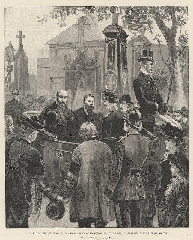 A walesi herceg és az edinburghi herceg érkezése Coburgba a néhai nagyherceg temetésére alkotó: William Heysham Overend
