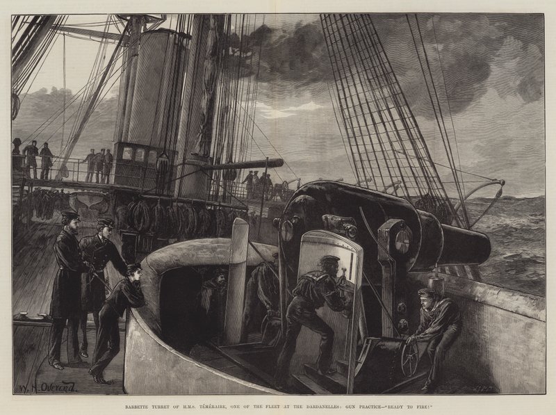 A HMS Temeraire barbette tornya, a flotta egyik tagja a Dardanelláknál, ágyúgyakorlat, tűzkészen! alkotó: William Heysham Overend