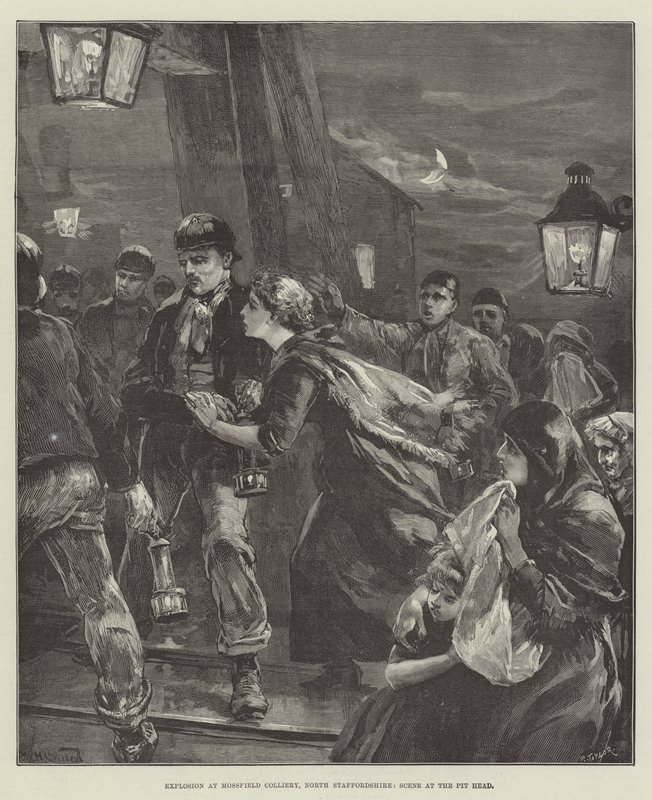 Robbanás a Mossfield Colliery-ben, North Staffordshire, Jelenet a Pit Headnél alkotó: William Heysham Overend