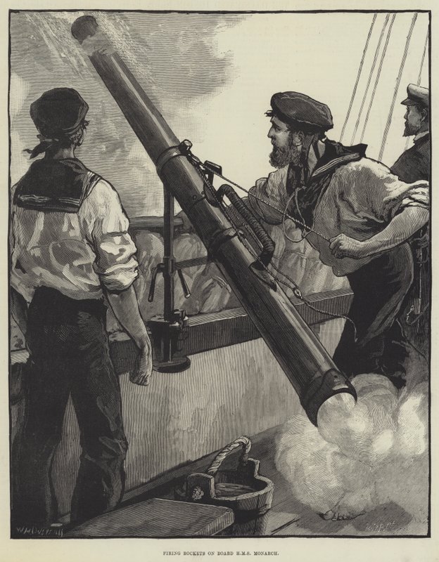 Rakéták kilövése a HMS Monarch fedélzetén alkotó: William Heysham Overend