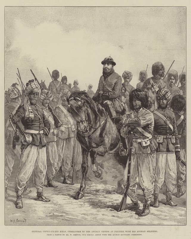 Ghous-ud-din Khan tábornok, a penjdehi afgán csapatok parancsnoka afgán katonáival alkotó: William Heysham Overend
