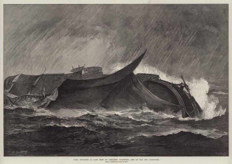 A HMS Eurydice utolsó látképe Benjamin Cuddiford, a két túlélő egyikének szemével alkotó: William Heysham Overend