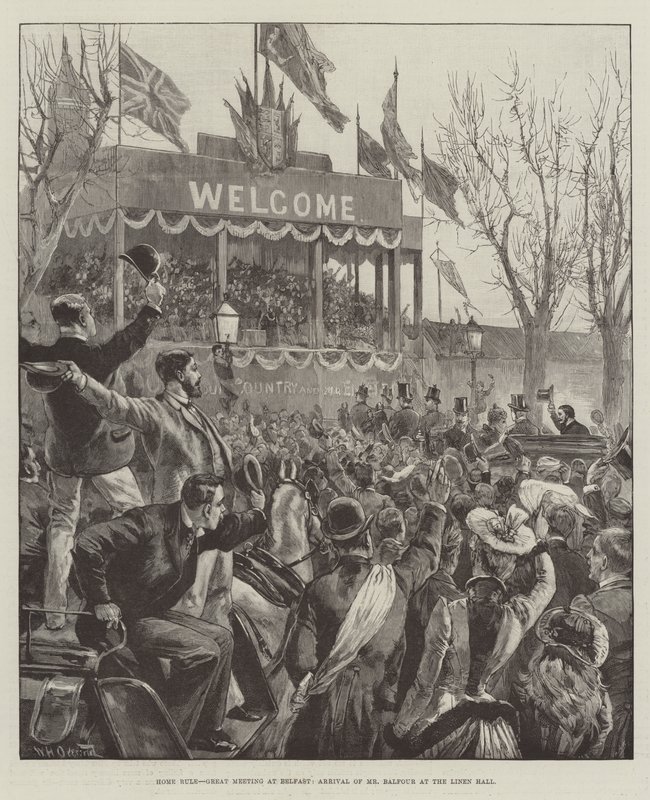 Home Rule, nagy találkozó Belfastban, Mr Balfour érkezése a Vászonterembe alkotó: William Heysham Overend