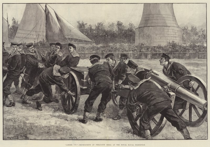 Bemelegít! Bluejackets a Field-Gun Drill a Királyi Haditengerészeti Kiállításon alkotó: William Heysham Overend