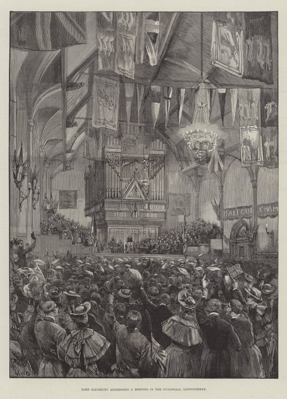Lord Salisbury beszédet mond egy találkozón a londonderryi Guildhallban alkotó: William Heysham Overend