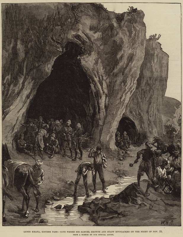 Lundi Khana, Khyber-hágó, barlang, ahol Sir Samuel Browne és személyzete november 23-án éjjel táborozott. alkotó: William Heysham Overend