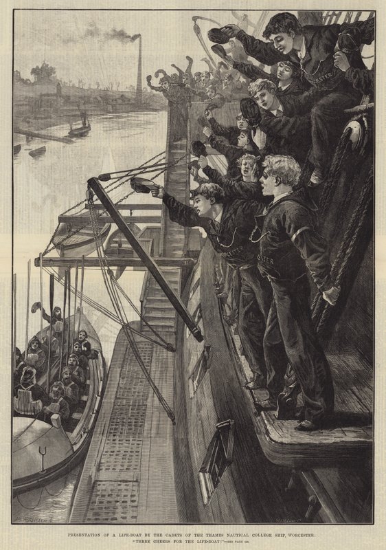 Egy mentőcsónak bemutatója a Temze tengerészeti főiskolai hajó kadétjaitól, Worcester, Three Cheers for the Life-Boat! alkotó: William Heysham Overend