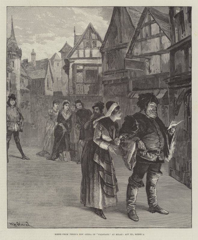 Jelenet Verdi Falstaff új operájából, Milánóban, III. felvonás, 1. jelenet alkotó: William Heysham Overend