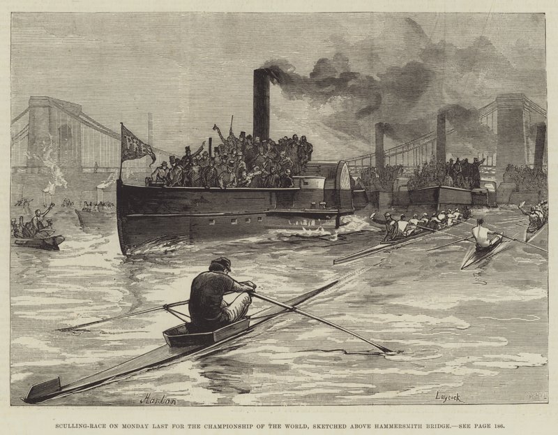 Sculling-verseny hétfőn Utolsó a világbajnoksághoz, a Hammersmith Bridge felett vázlatosan alkotó: William Heysham Overend