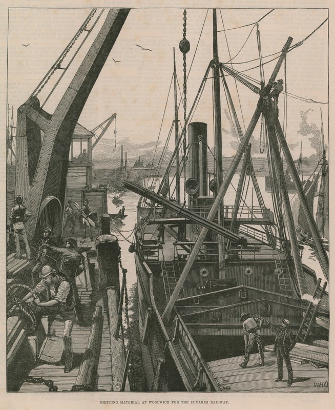 Szállítási anyagok Woolwichban a Souakim vasút számára (metszet) alkotó: William Heysham Overend
