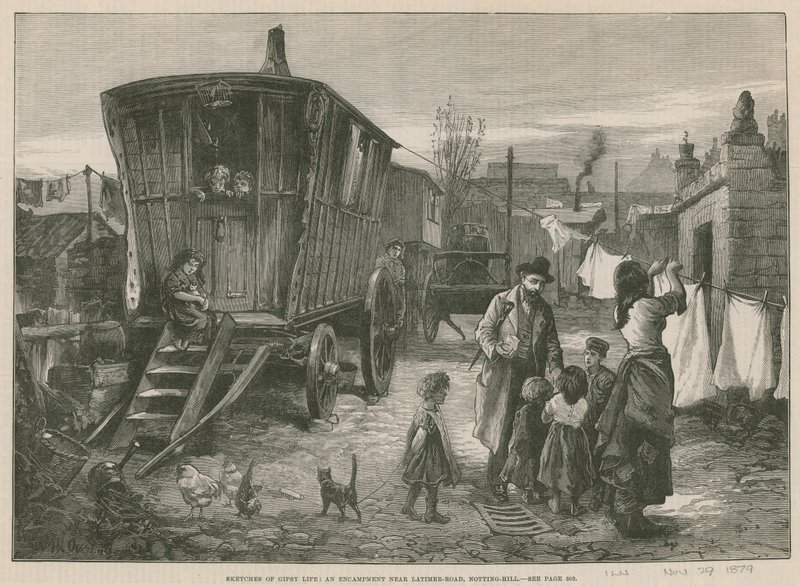 Vázlatok a cigányéletről; Egy tábor a Latimer Road közelében, Notting Hillben (metszet) alkotó: William Heysham Overend