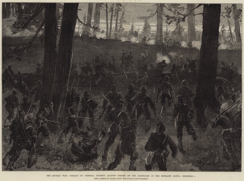 Az afgán háború, Roberts tábornok vezéroszlopának támadása a barikádon a Spingawi Kotulnál, december 2. alkotó: William Heysham Overend