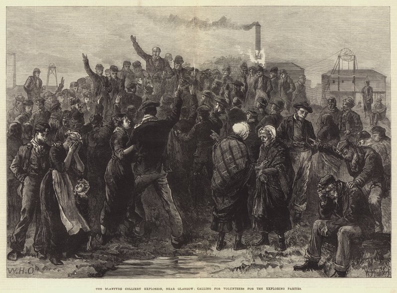 A Blantyre Colliery robbanása Glasgow közelében, önkénteseket hív a feltáró felekre alkotó: William Heysham Overend