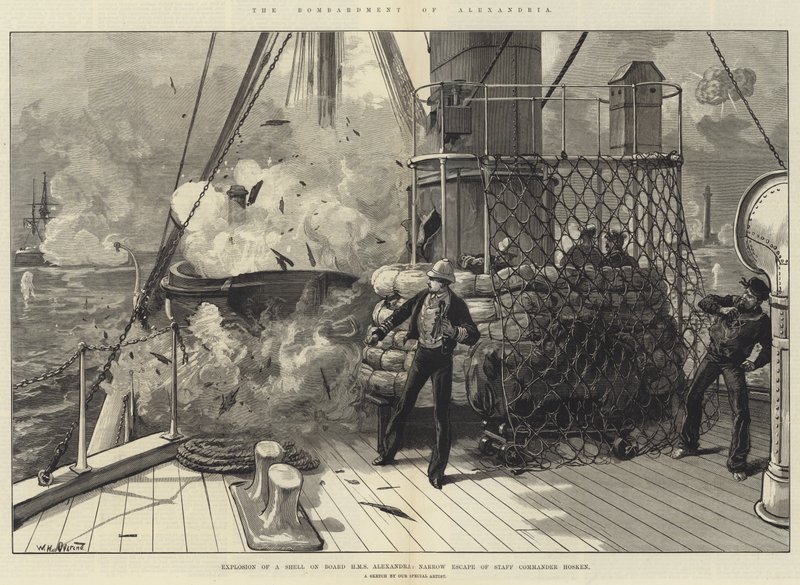 Alexandria bombázása, egy lövedék felrobbanása a HMS Alexandria fedélzetén, Hosken törzsparancsnok szűk menekülése alkotó: William Heysham Overend
