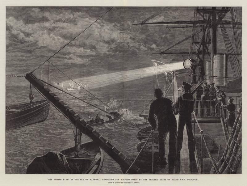 A brit flotta a Márvány-tengeren torpedóhajókat keres a HMS Agincourt fedélzetén lévő elektromos lámpával alkotó: William Heysham Overend