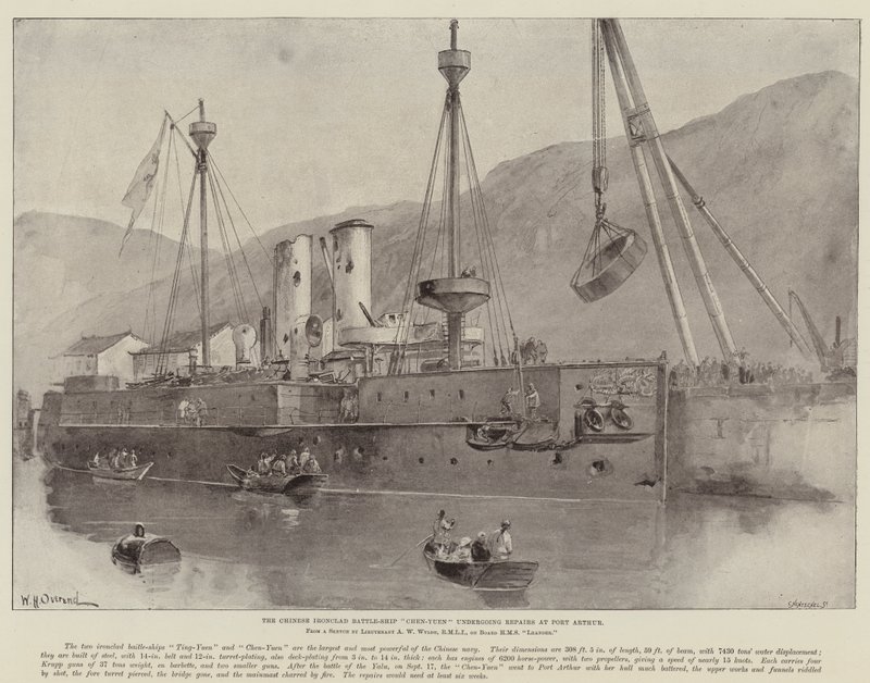 Javítás alatt áll a kínai vaskalapos Chen-Yuen csatahajó Port Arthurban alkotó: William Heysham Overend