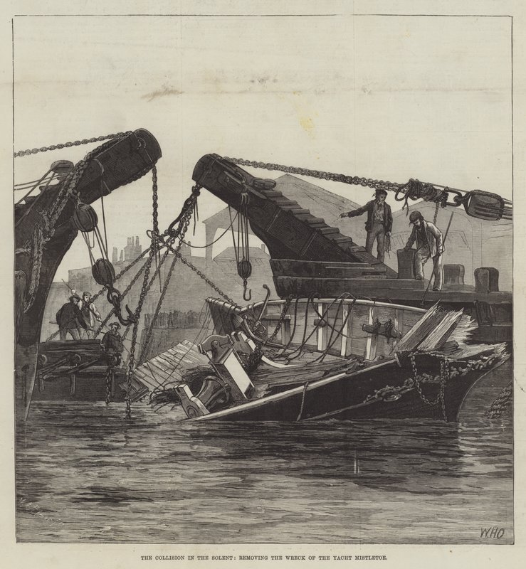 Ütközés a Solentben, a Yacht Fagyöngy roncsának eltávolítása alkotó: William Heysham Overend