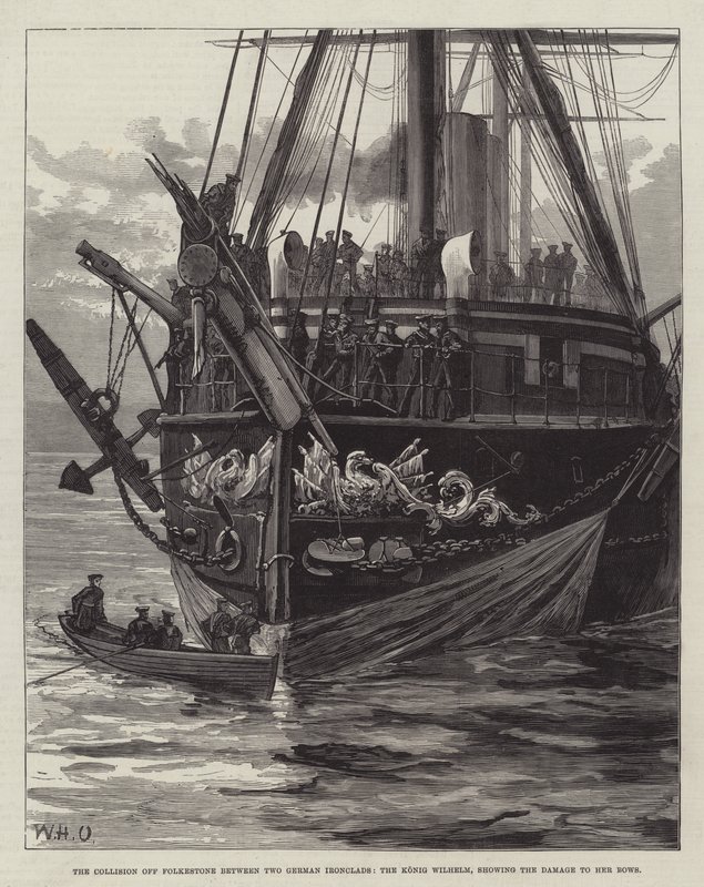 Két német vashajó, a König Wilhelm, ütközése Folkestone előtt, a hajó orrának sérülését mutatja. alkotó: William Heysham Overend